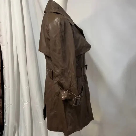 Bebe‎ Leather Brown Belted Trench Coat Womens Medium 70's Spring Steampunk